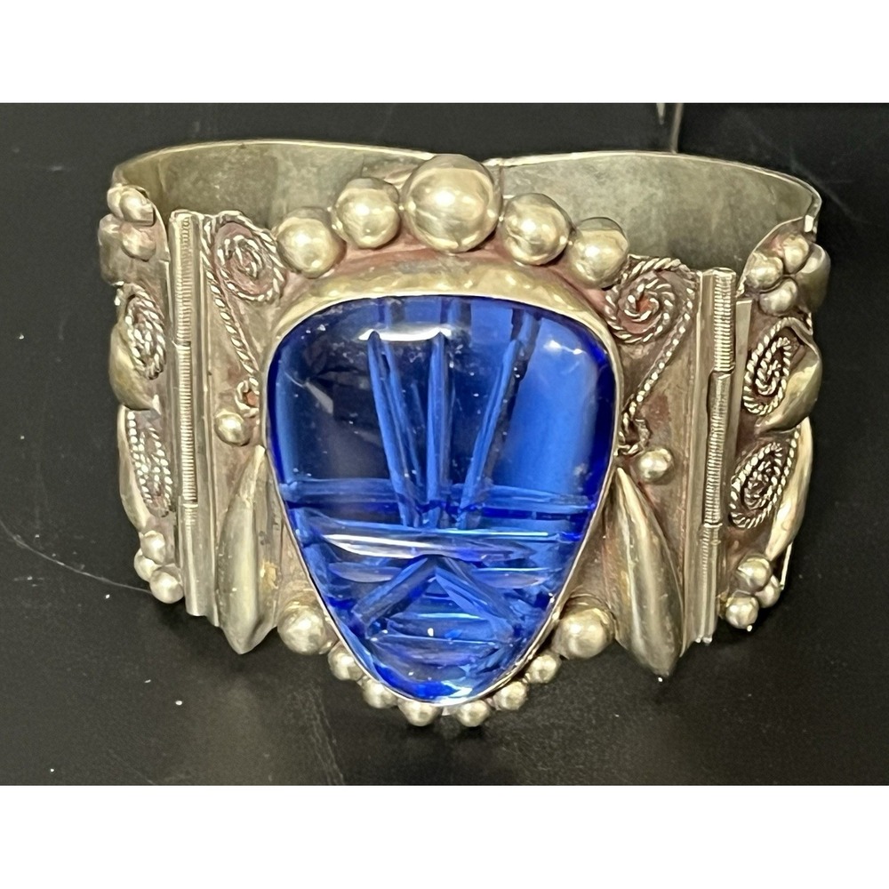 Vtg Taxco Sterling Silver 925 Carved Blue Glass "Aztec Mask" Wide Cuff Bracelet